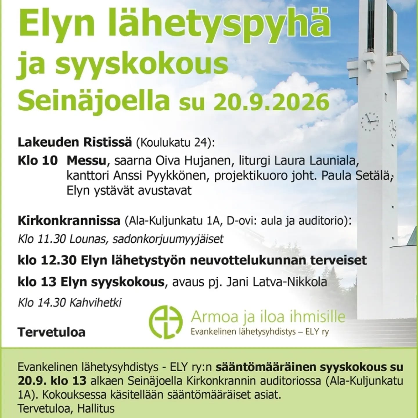 Elyn lähetyspyhä ja syyskokous Seinäjoella su 20.9.2026